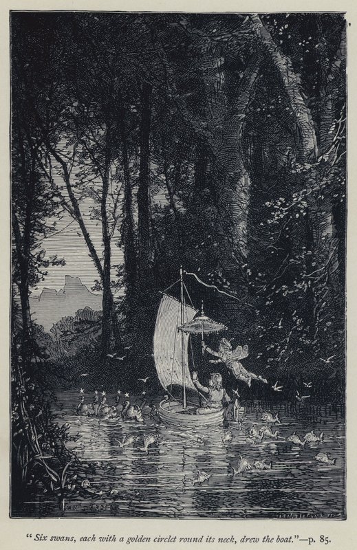 "Seks svaner, hver med en gylden sirkel rundt halsen, tegnet båten" (gravering) av Jean Edouard Dargent