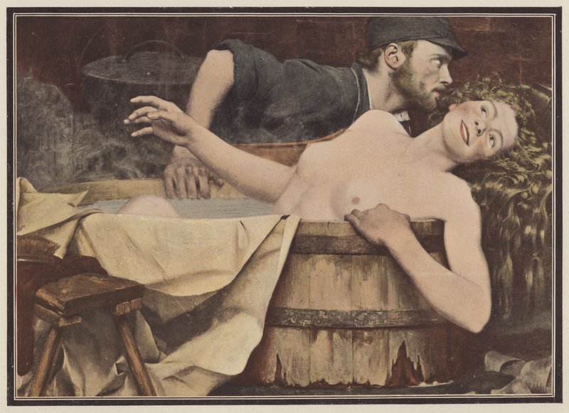 Etter vask, kvinne i badekar (farge litho) av Jean Eugene Buland