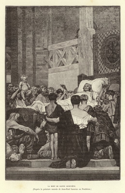 La Mort de Sainte Genevieve. St Genevieves død, c512 (gravering) av Jean Louis Hamon
