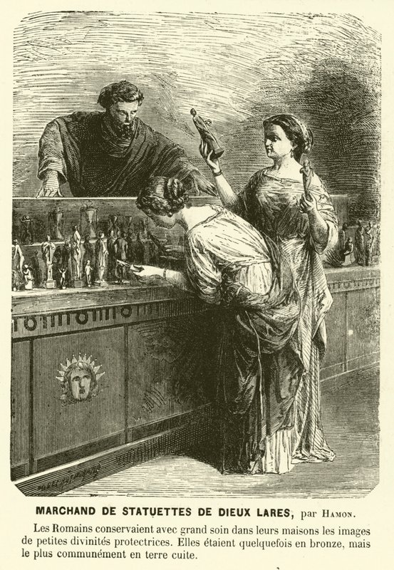 Selger av statuetter av Lares, gamle romerske vergeguder (gravering) av Jean Louis Hamon