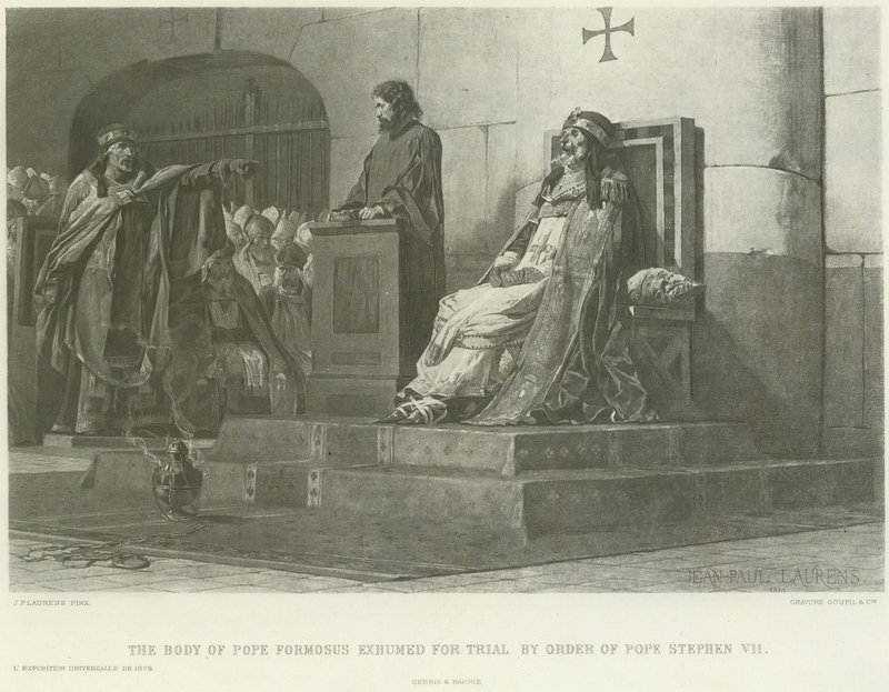 Liket til pave Formosus gravd opp for rettssak etter ordre fra pave Stephen VII (gravyr) av Jean Paul Laurens