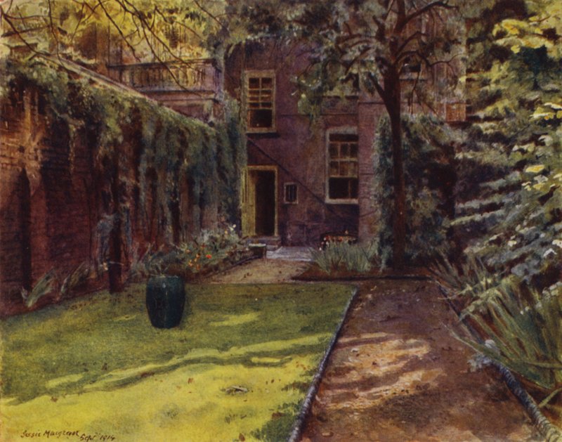 Carlyle House, utsikt over hagen og huset (farge litho) av Jessie MacGregor