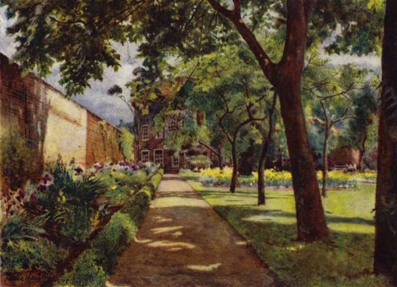 Hogarth House, utsikt over hus og hage (farge litho) av Jessie MacGregor