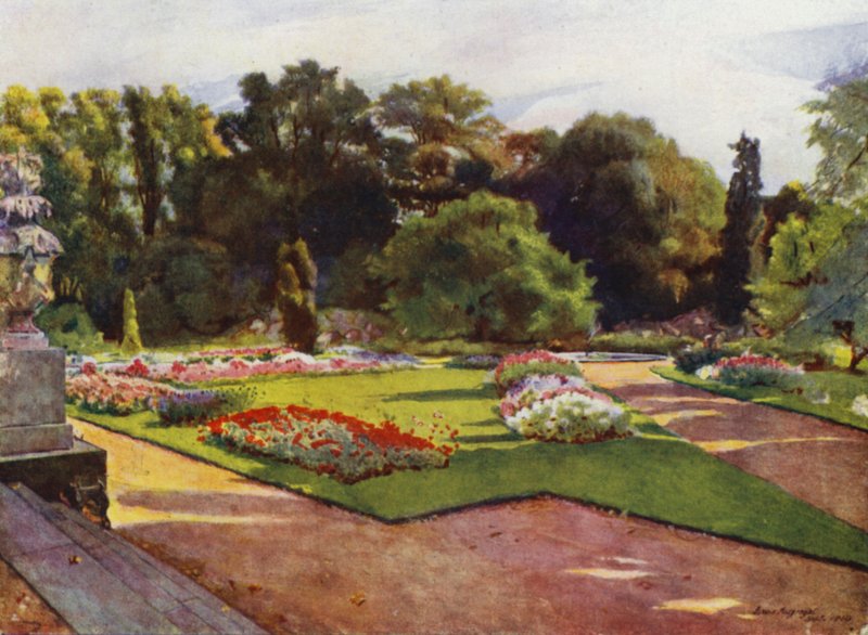 Sion, ser mot Parterres og fontenen (farge litho) av Jessie MacGregor