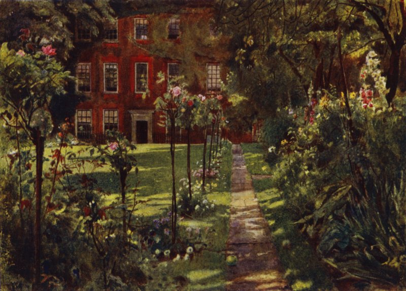 Walpole House, utsikt over hus og hage (farge litho) av Jessie MacGregor