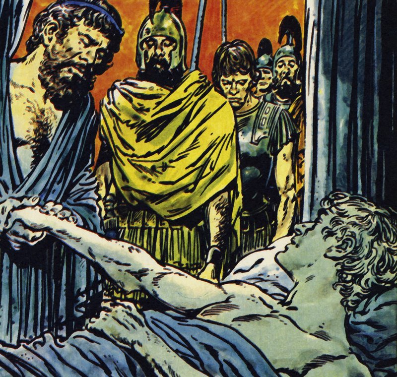 Aleksander døde av feber i 323, 32 år gammel (fargelitografi) av Jesus Blasco