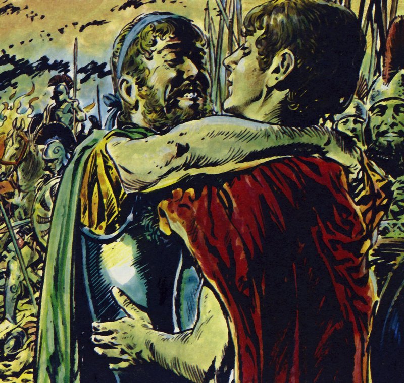 Aleksander sluttet seg til faren sin i kamp mot grekerne (fargelitografi) av Jesus Blasco