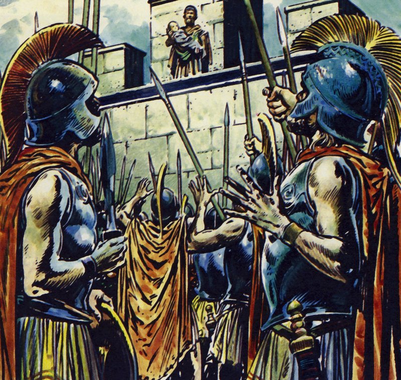 Aleksander den store var sønn av Filip II av Makedonia (fargelitografi) av Jesus Blasco