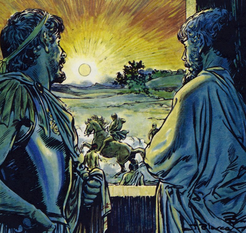 Aleksander kunne ri på Bucephalus, en flammende hest (fargelitografi) av Jesus Blasco