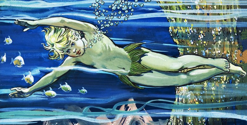 Gutt som svømmer, illustrasjon fra «The Water Babies» av Charles Kingsley (gouache på papir) av Jesus Blasco