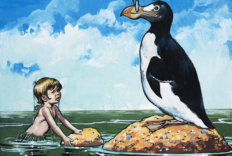 Gutt og en ørn, illustrasjon fra «The Water Babies» av Charles Kingsley (gouache på papir) av Jesus Blasco