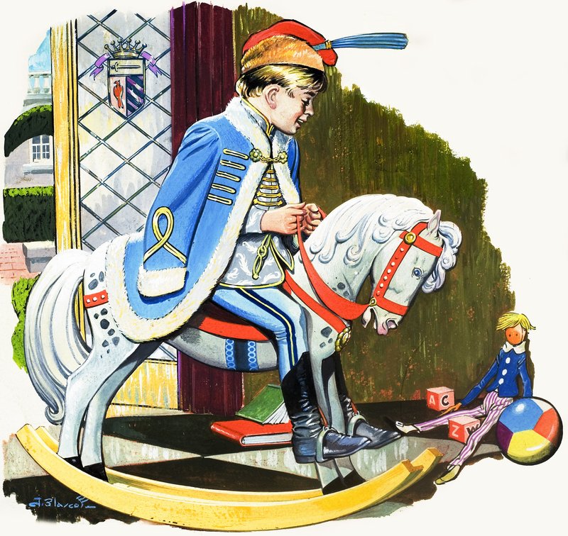 Gutt på gyngehest, illustrasjon fra «Teddybjørn» (gouache på papir) av Jesus Blasco