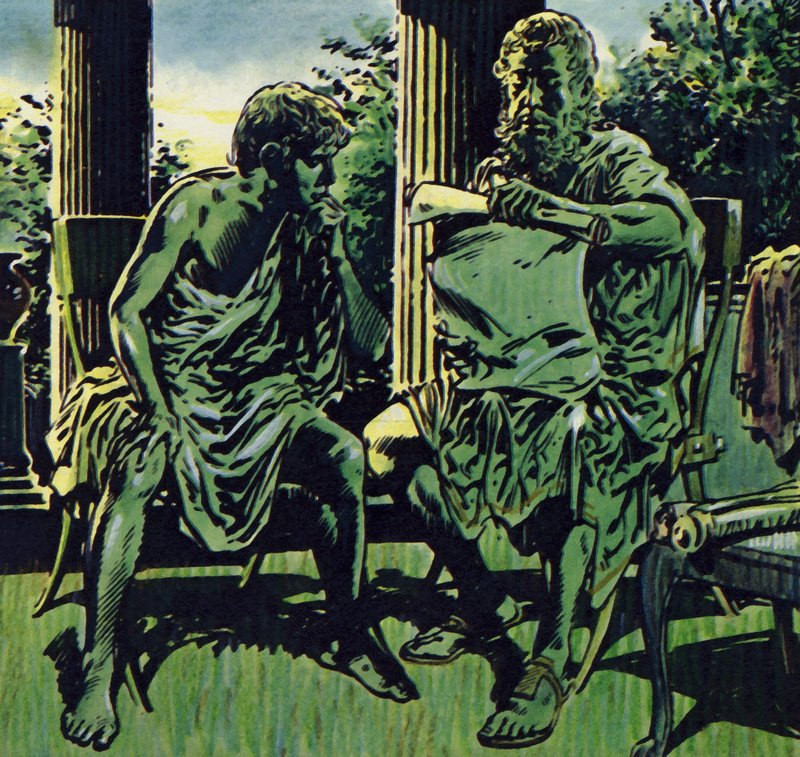 Filip fikk tak i Aristoteles#39; tjenester for å veilede sønnen sin (fargelitografi) av Jesus Blasco