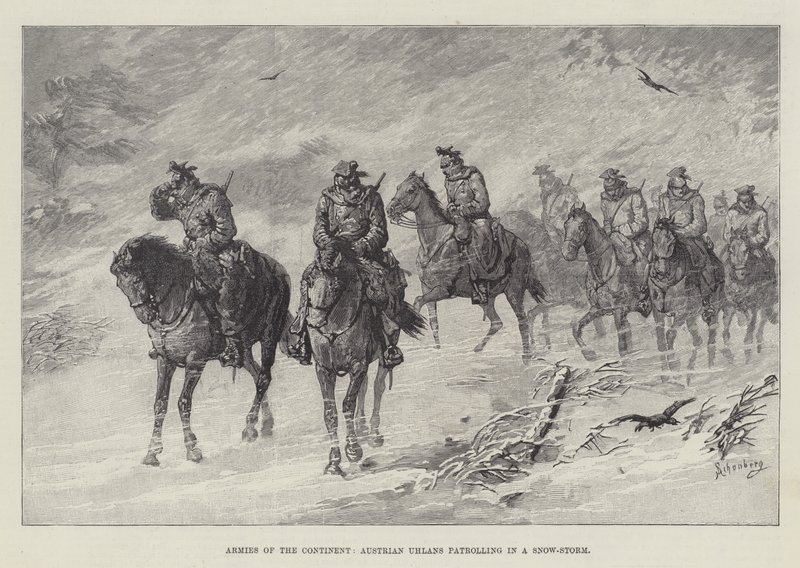 Armies of the Continent, østerrikske Uhlans patruljerer i en snøstorm av Johann Nepomuk Schonberg