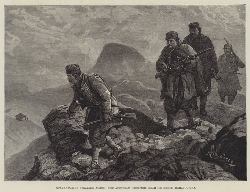 Montenegrinere stjeler over den østerrikske grensen, nær Crivoscie, Hercegovina av Johann Nepomuk Schonberg