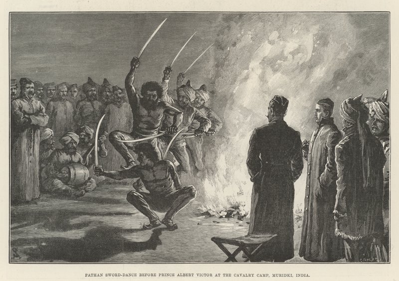 Pathan Sword-Dance før prins Albert Victor ved kavalerileiren, Muridki, India av Johann Nepomuk Schonberg