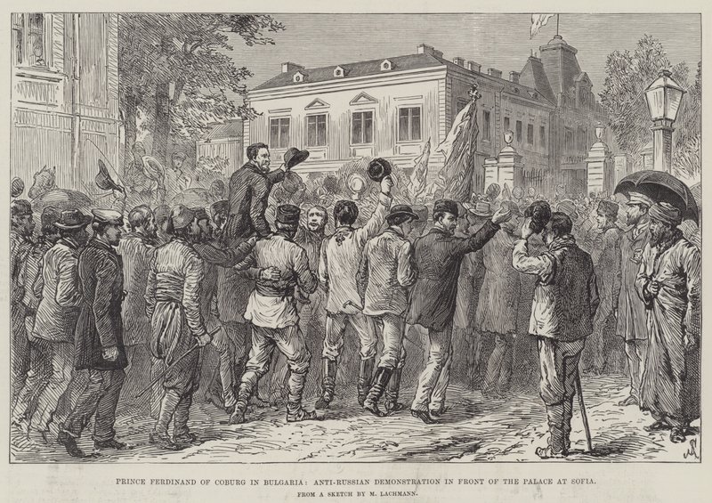 Prins Ferdinand av Coburg i Bulgaria, anti-russisk demonstrasjon foran palasset i Sofia av Johann Nepomuk Schonberg