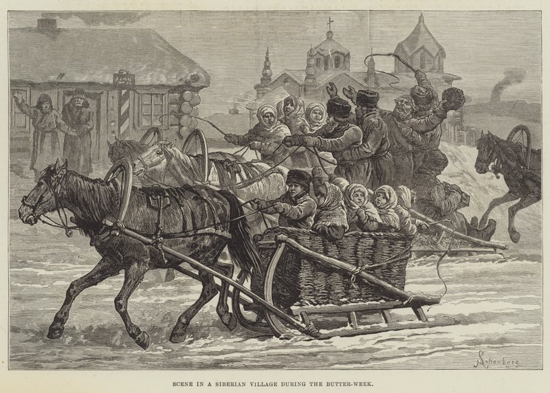Scene i en sibirsk landsby under smøruken av Johann Nepomuk Schonberg
