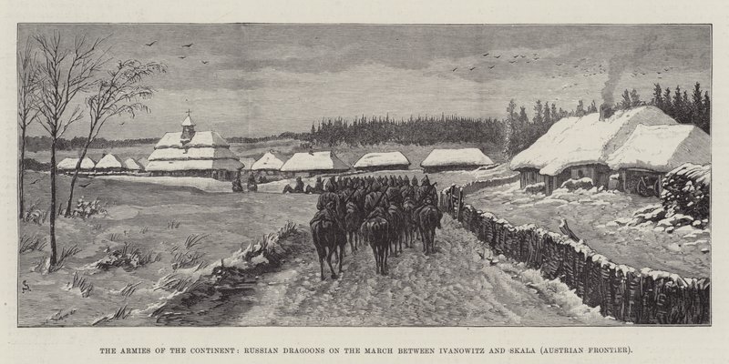 Kontinentets hærer, russiske dragoner på marsj mellom Ivanowitz og Skala (østerriksk grense) av Johann Nepomuk Schonberg