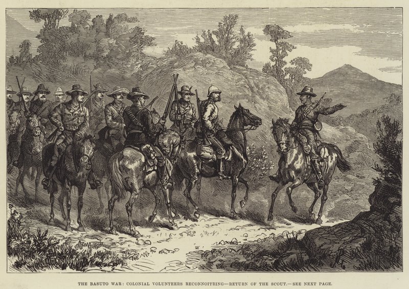 Basuto-krigen, koloniale frivillige rekognoscerer, speiderens retur av Johann Nepomuk Schonberg