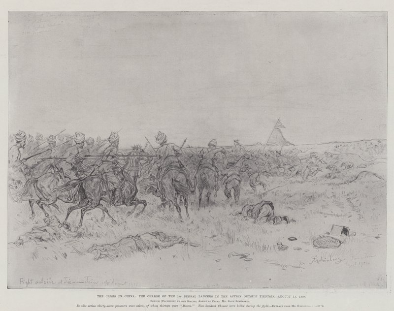 Krisen i Kina, anklagen mot de første bengalske lanserne i aksjonen utenfor Tientsin, 19. august 1900 av Johann Nepomuk Schonberg