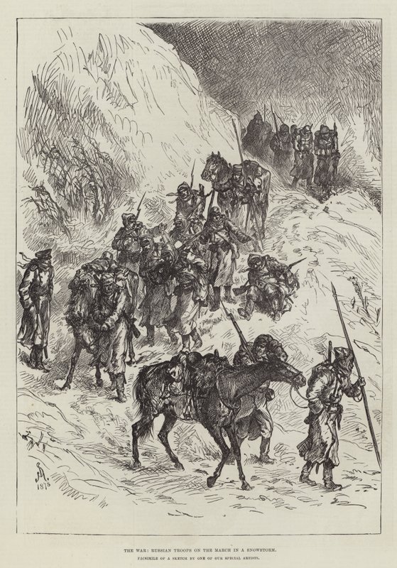 Krigen, russiske tropper på mars i snøstorm av Johann Nepomuk Schonberg
