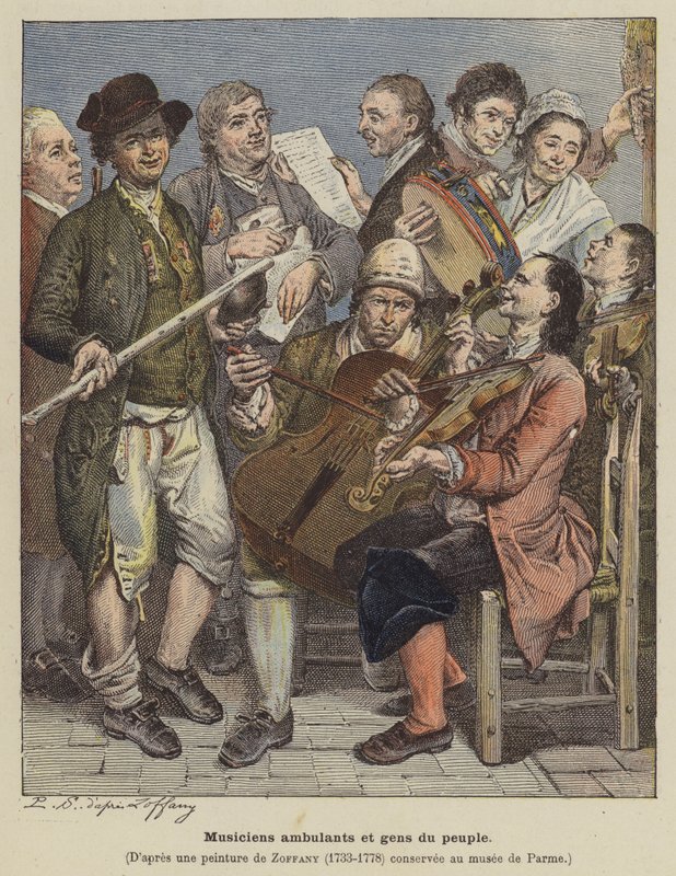 Omreisende musikere og vanlige mennesker (farge litho) av Johann (after) Zoffany
