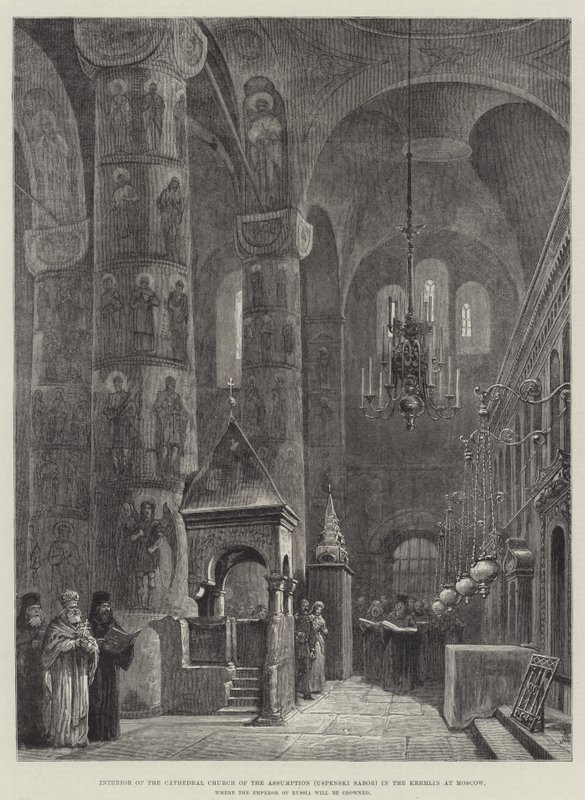 Interiør av katedralen Church of the Assumption (Uspenski Sabor) i Kreml i Moskva, hvor keiseren av Russland vil bli kronet av Johann Nepomuk Schonberg