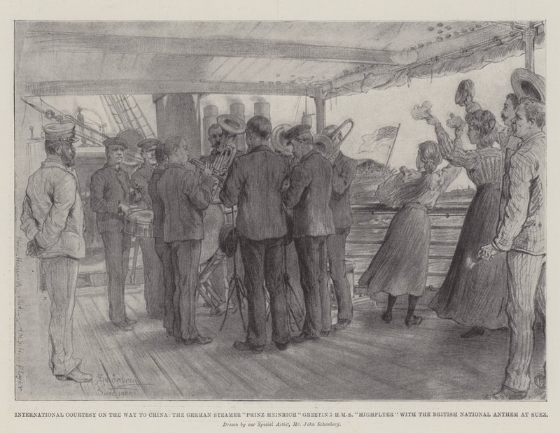 Internasjonal høflighet på vei til Kina, den tyske damperen Prinz Heinrich hilser HMS Highflyer med den britiske nasjonalsangen i Suez av Johann Nepomuk Schonberg