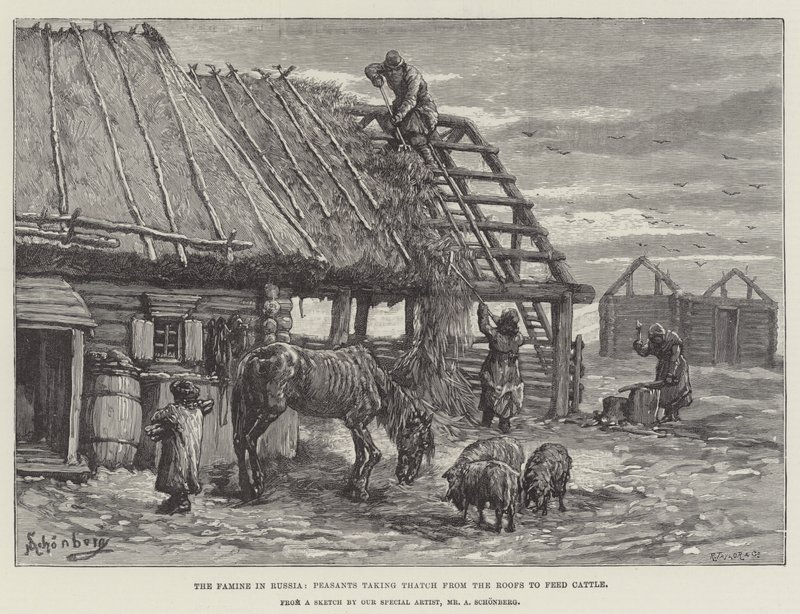Hungersnøden i Russland, bønder som tok tekke fra takene for å mate storfe av Johann Nepomuk Schonberg