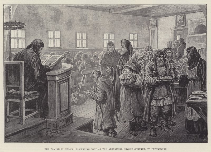 Hungersnøden i Russland, serverer suppe ved Alexander Nevsky-klosteret, St. Petersburg av Johann Nepomuk Schonberg