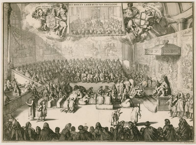 En sesjon i Underhuset med George II på tronen av Johannes and Mortier, Cornelis Covens