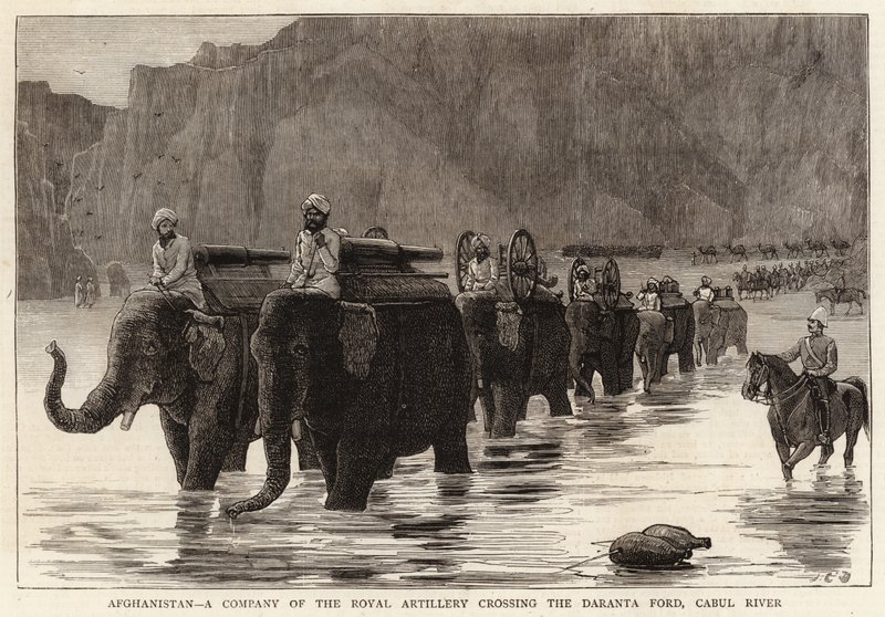 Afghanistan, et kompani av Royal Artillery som krysser Daranta Ford, Cabul River av John Charles Dollman