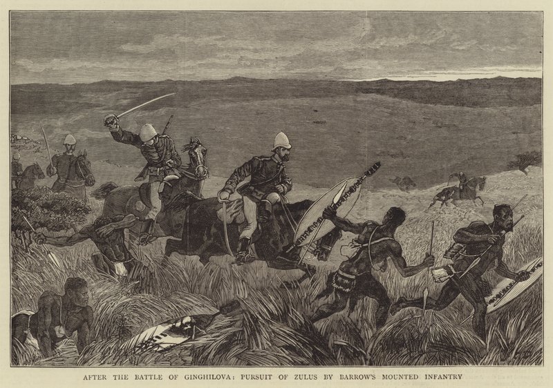 Etter slaget ved Ginghilova, forfølgelse av zuluer av Barrows monterte infanteri av John Charles Dollman