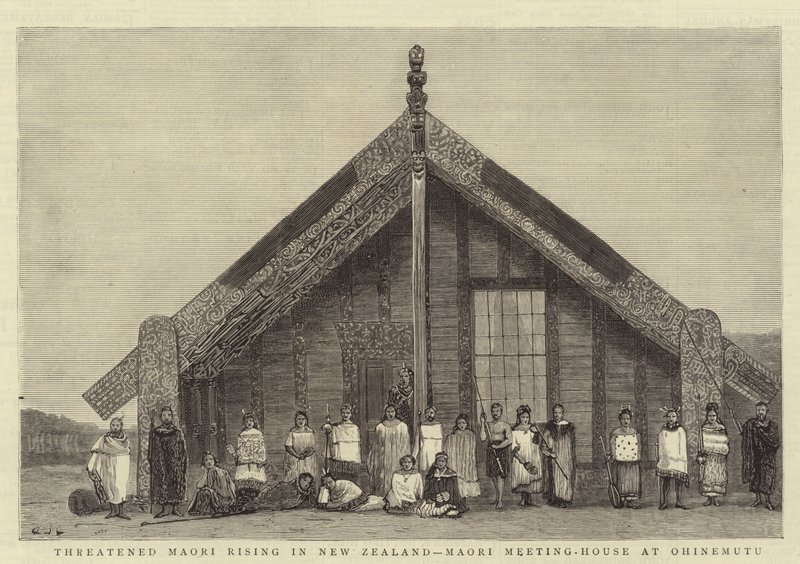 Truet Maori Rising i New Zealand, Maori Meeting-House på Ohinemutu av John Charles Dollman