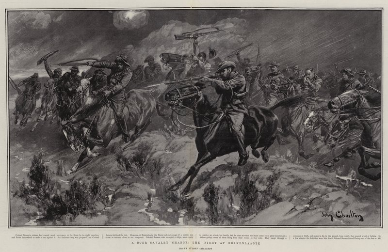 En Boer Cavalry Charge, kampen ved Brakenlaagte av John Charlton