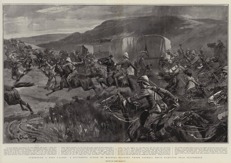 Overrask en Boer Laager, en vellykket aksjon av montert infanteri under general Bruce Hamilton nær Standerton av John Charlton