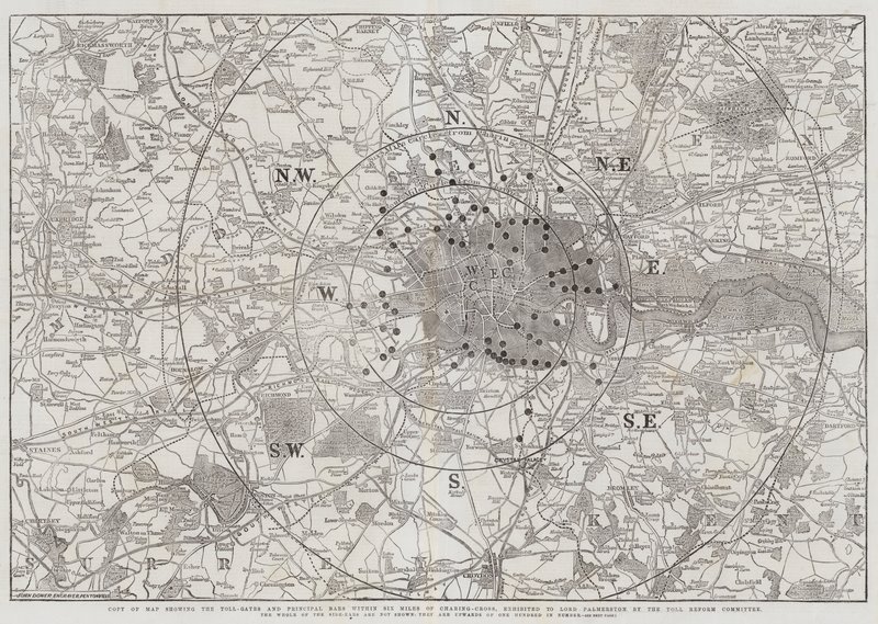 Kopi av kart som viser Toll-Gates og Principal Bars innenfor Six Miles of Charing-Cross, utstilt til Lord Palmerston av Toll Reform Committee av John Dower