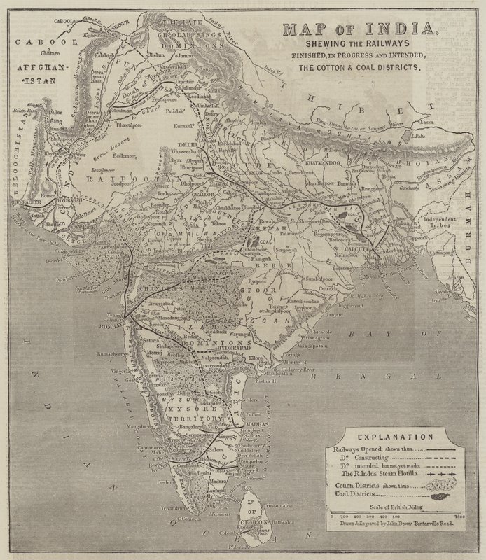 Kart over India, som viser jernbanene ferdige, pågår og planlagt, bomulls- og kulldistriktene av John Dower