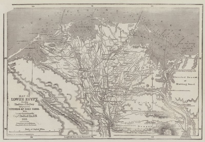 Kart over Nedre Egypt, som viser linjene til jernbanen og den projiserte Isthmus of Suez-kanalen av John Dower