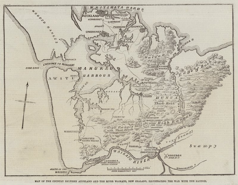 Kart over landet mellom Auckland og elven Waikato, New Zealand, som illustrerer krigen med de innfødte av John Dower