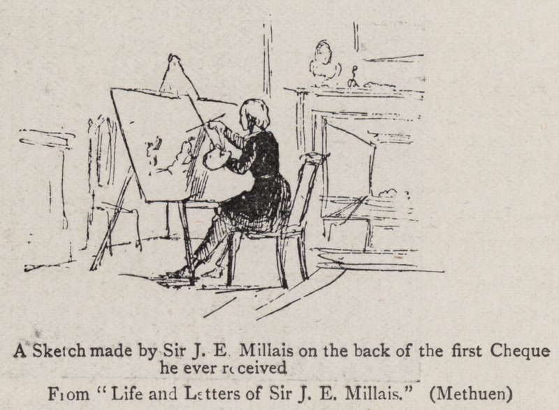 En skisse laget av Sir JE Millais på baksiden av den første sjekken han noensinne mottok av John Everett Millais