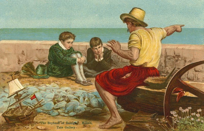 Guttetiden til Sir Walter Raleigh (chromolitho) av John Everett Millais