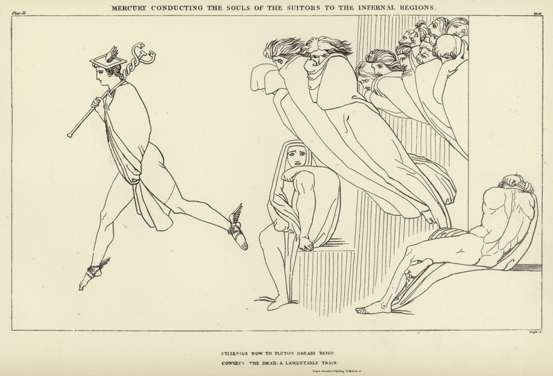 Mercury dirigerer sjelene til frierne til helvetesregionene av John Flaxman