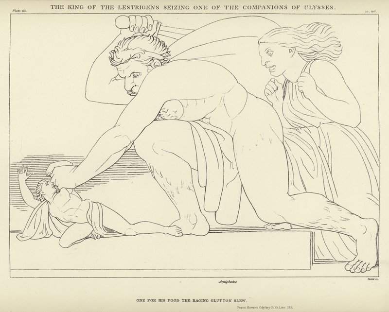 Kongen av Lestrigens griper en av følgesvennene til Ulysses av John Flaxman