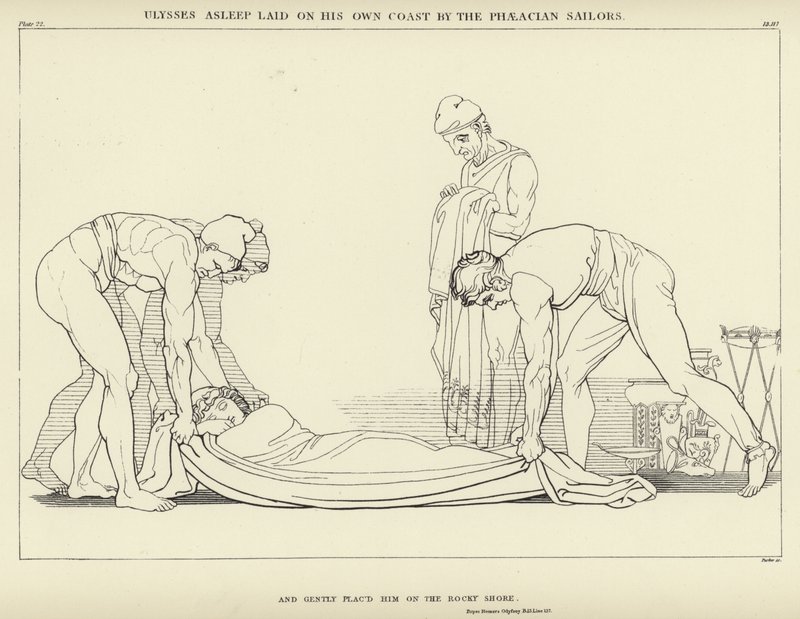 Ulysses sovende lagt på sin egen kyst av Phaeacian Sailors av John Flaxman