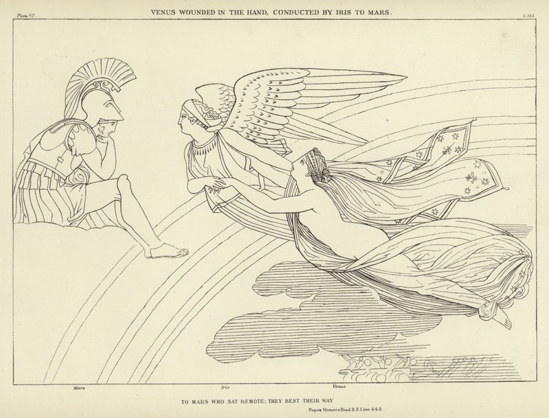 Venus såret i hånden, dirigert av Iris til Mars av John Flaxman