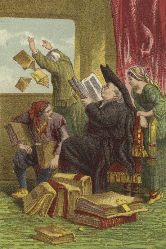 Ødeleggelse av Don Quixotes bibliotek (chromolitho) av John Gilbert