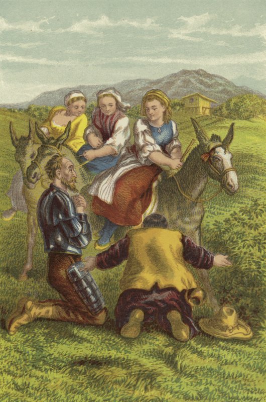 Don Quijote, Sancho og countryjentene (chromolitho) av John Gilbert