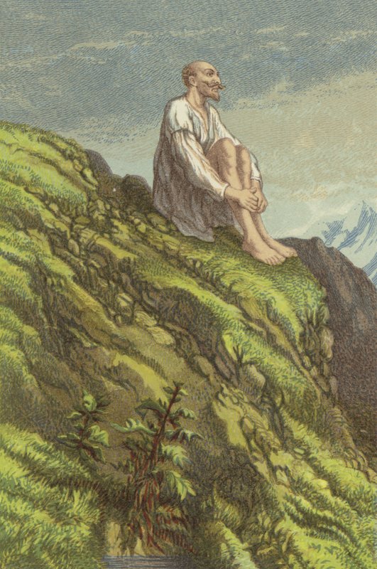 Don Quijote på Sierra Morena gjør bot (chromolitho) av John Gilbert